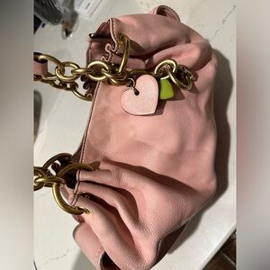 Pink Leather Juicy Couture Purse with gold chain and Enamel Heart Charms